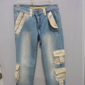 YES London Y2K YELLOW POCKET CARGO Jeans Women’s Sz 40  BLUE